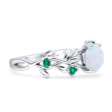 Tree Leaf Green Emerald CZ Hexagonal Created White Opal Ring 925 Sterling Silver Wholesale